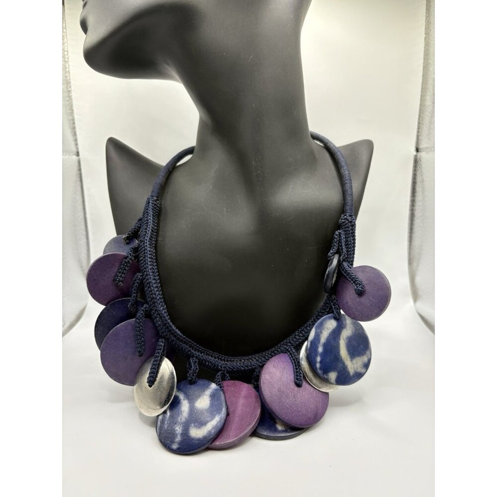 Chicos Purple Wood Disc Pendant Braided Necklace Statement Boho